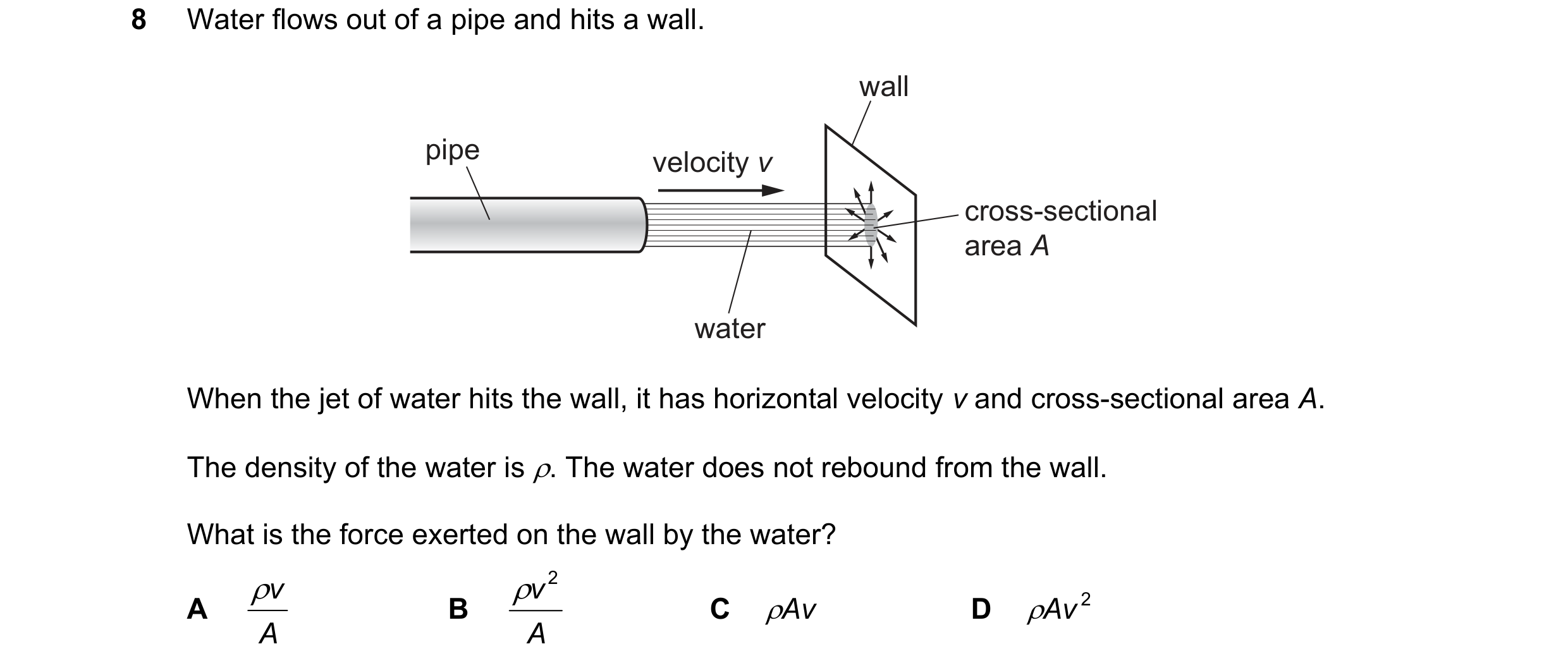 Question 157: Water flows out of a pipe and hits a wall. wall pipe velocity v cross-sectional area A water When the jet of water hits the wall, it has ho…