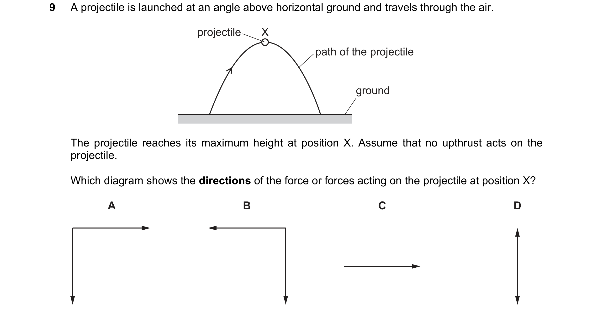 Question 129: A projectile is launched at an angle above horizontal ground and travels through the air. projectile X path of the projectile ground The pr…