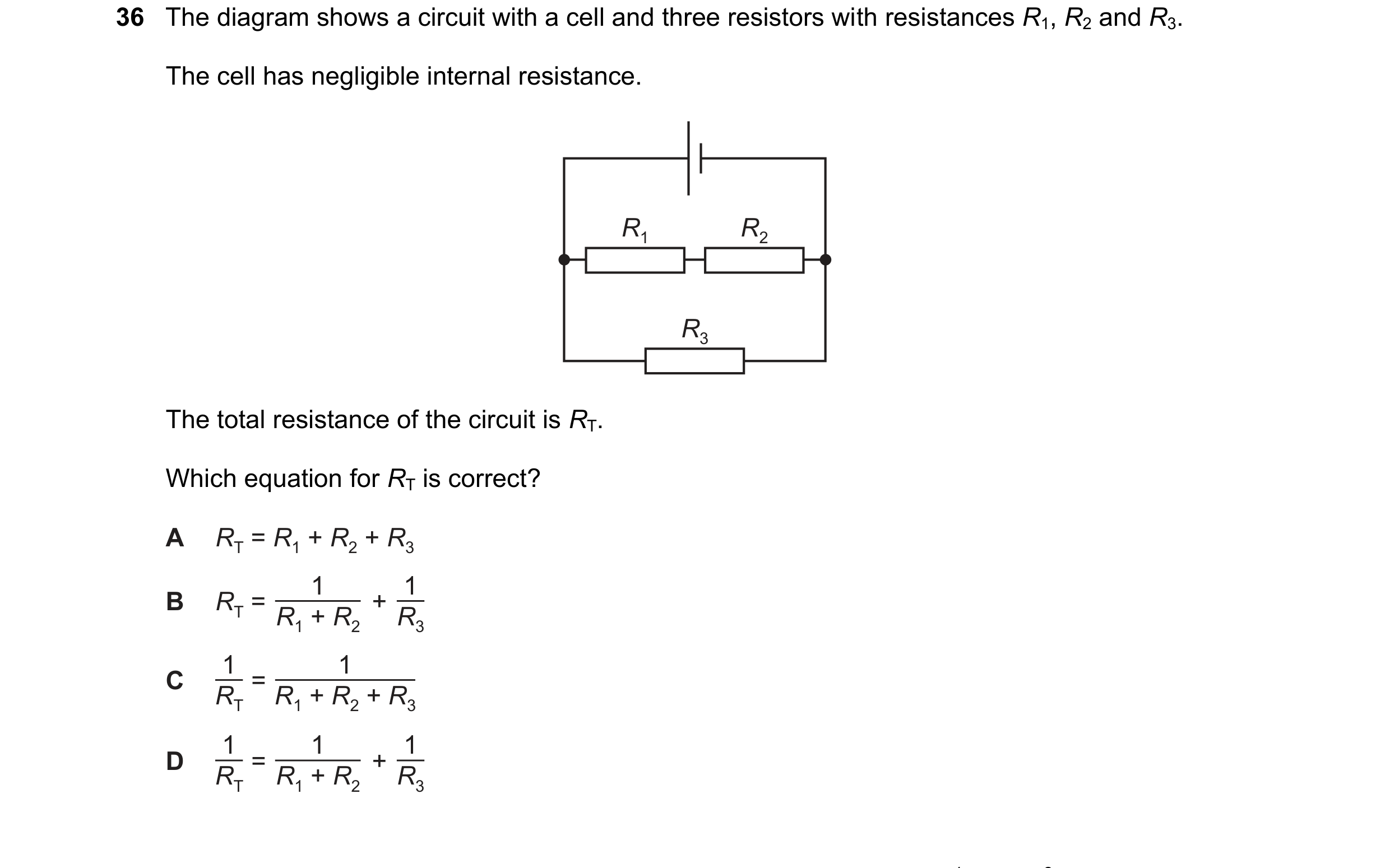 Question 203: The diagram shows a circuit with a cell and three resistors with resistances R1, R2 and R3. The cell has negligible internal resistance. R1…