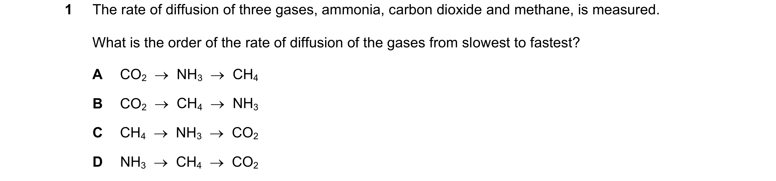 Question 11: The rate of diffusion of three gases, ammonia, carbon dioxide and methane, is measured. What is the order of the rate of diffusion of the g…