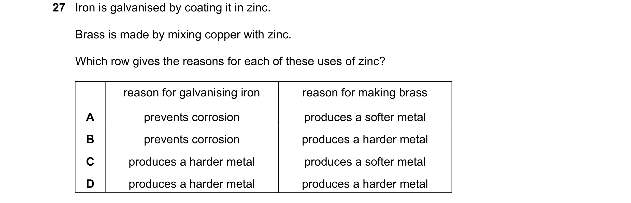 Question 18: Iron is galvanised by coating it in zinc. Brass is made by mixing copper with zinc. Which row gives the reasons for each of these uses of z…