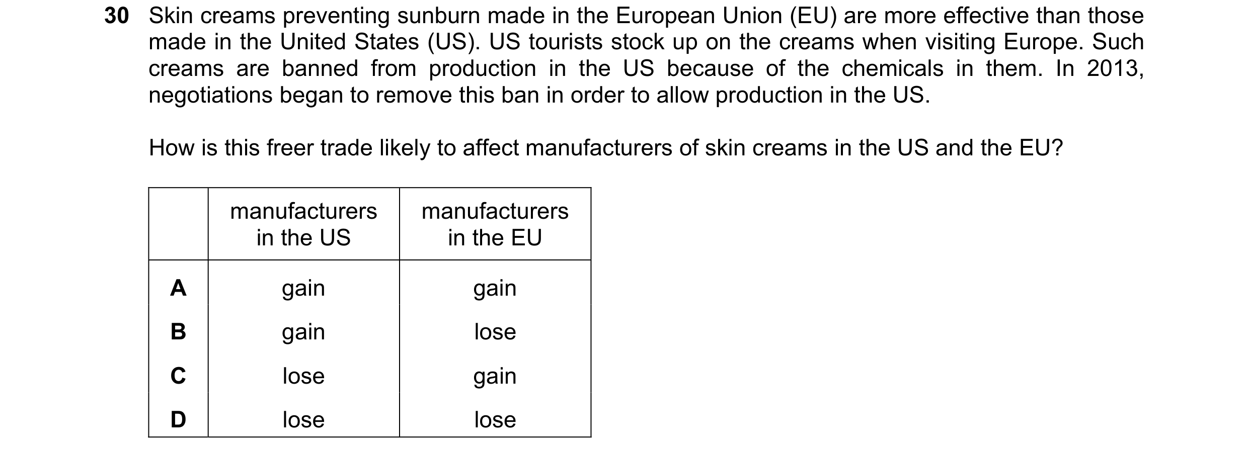 Question 108: Skin creams preventing sunburn made in the European Union (EU) are more effective than those made in the United States (US). US tourists st…