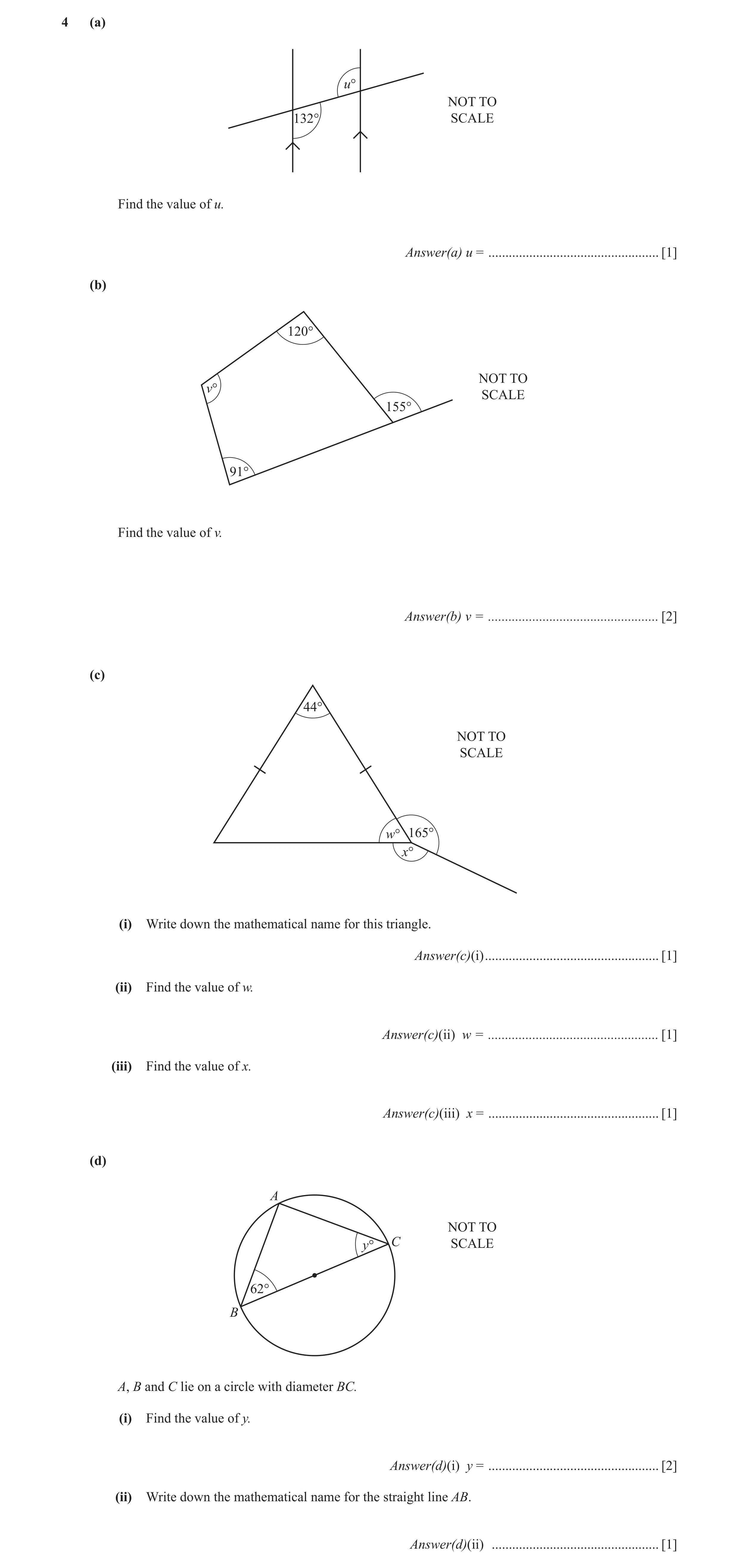 Question 34: (a) u° NOT TO 132° SCALE Find the value of u. Answer(a) u = .................................................. [1] (b) 120° NOT TO v° SCALE…