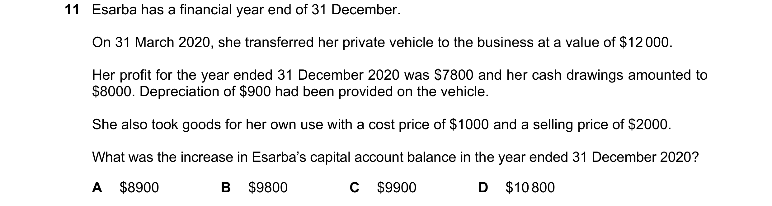 Question 673: Esarba has a financial year end of 31 December. On 31 March 2020, she transferred her private vehicle to the business at a value of $12 000…