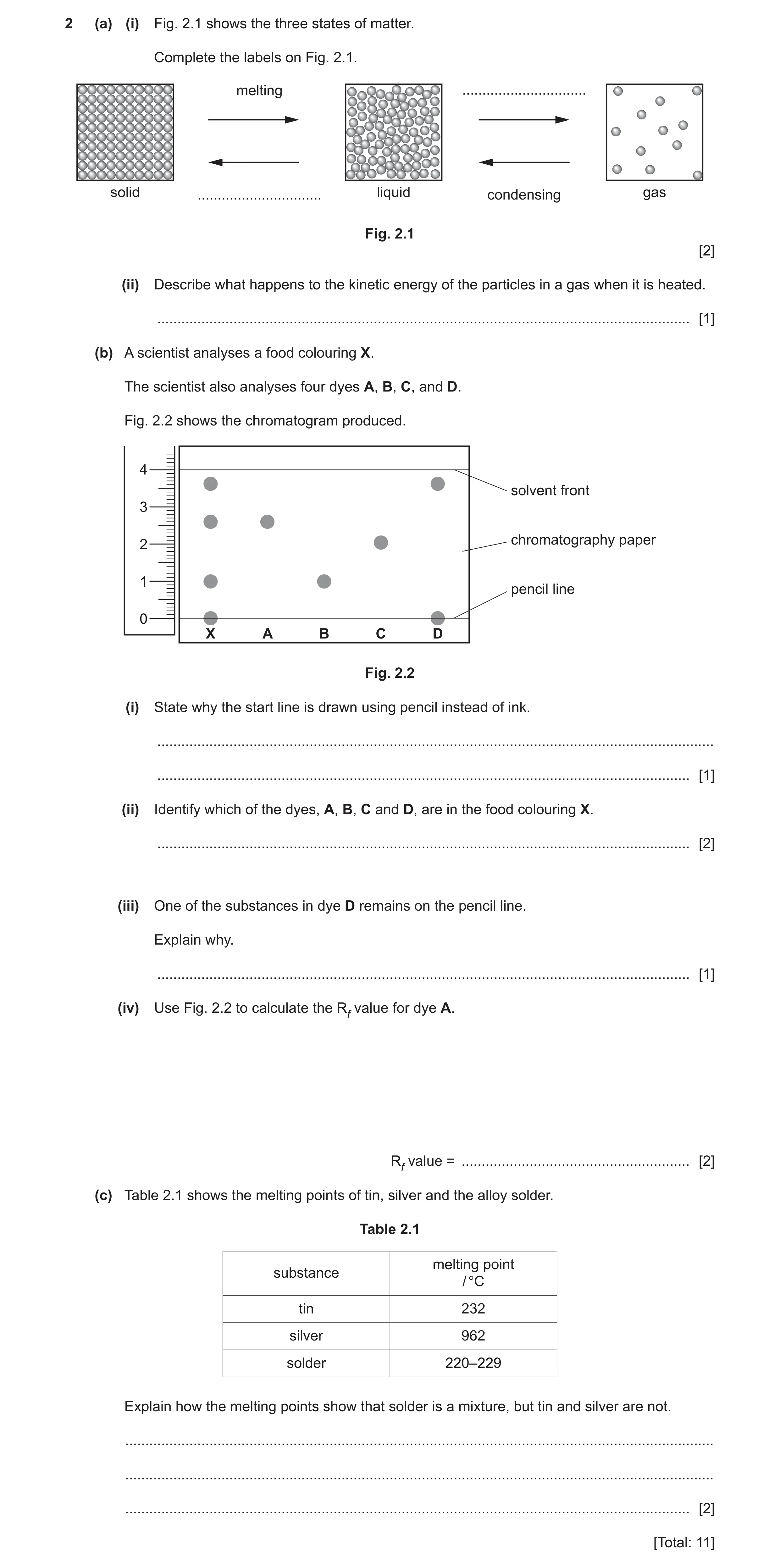 Question 7: (a) (i) Fig. 2.1 shows the three states of matter. Complete the labels on Fig. 2.1. melting ............................... solid .........…