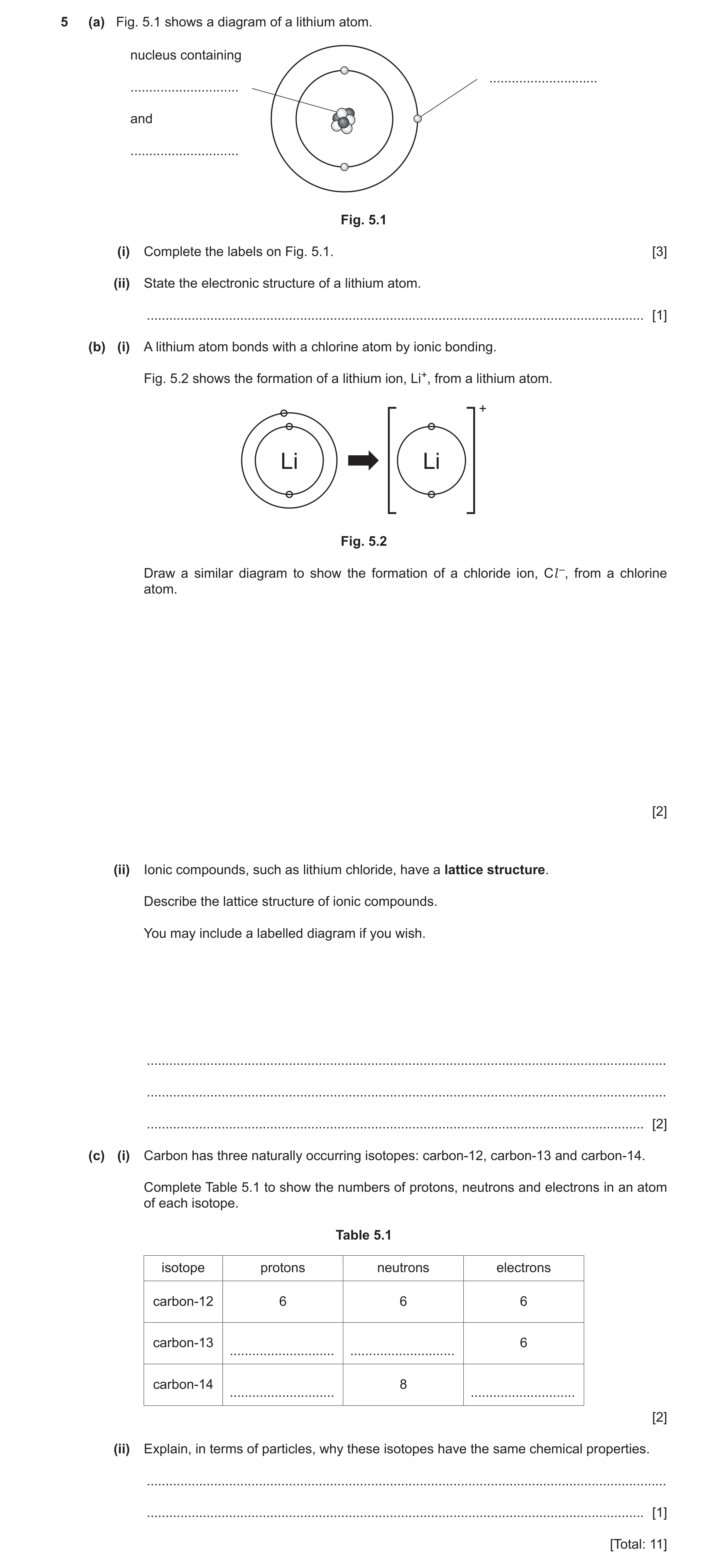 Question 20: (a) Fig. 5.1 shows a diagram of a lithium atom. nucleus containing ............................. ............................. and ........…