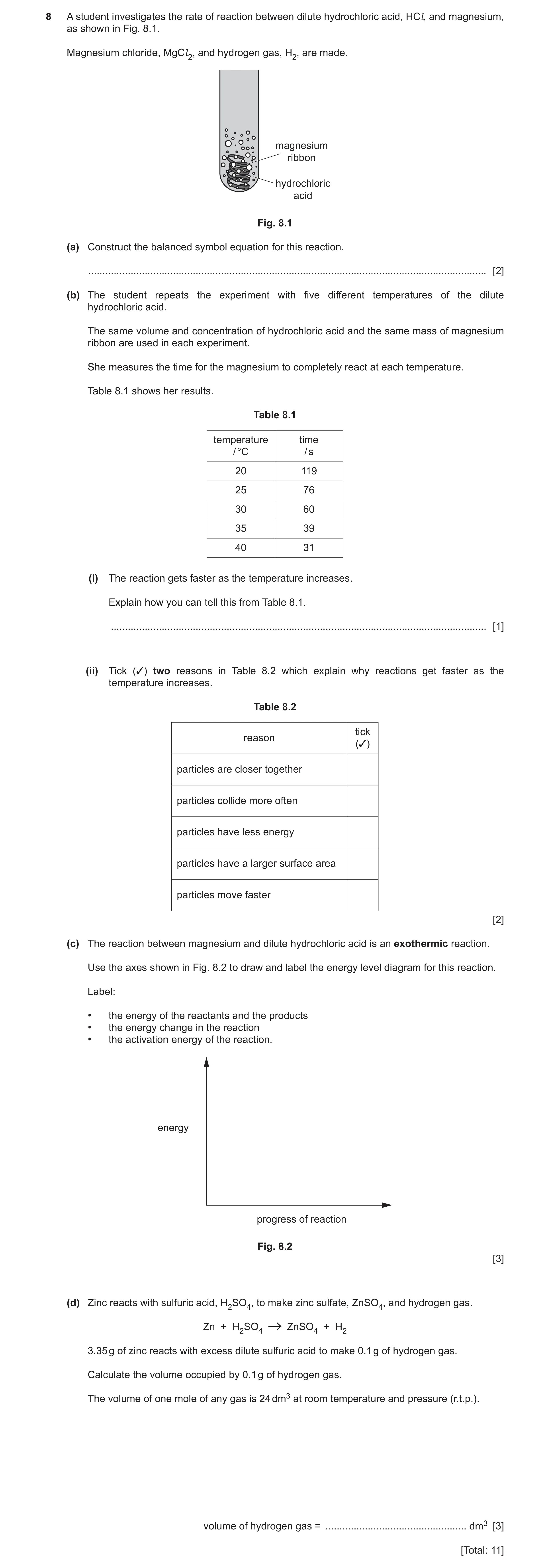 Question 18: A student investigates the rate of reaction between dilute hydrochloric acid, HCl, and magnesium, as shown in Fig. 8.1. Magnesium chloride,…