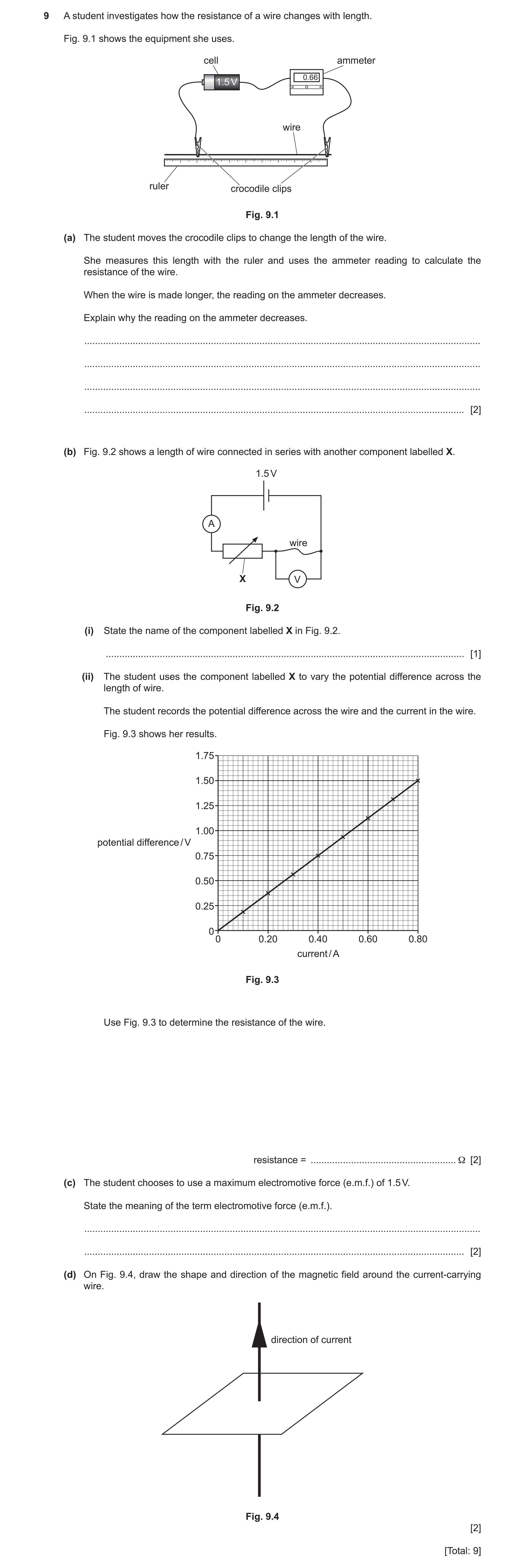 Question 27: A student investigates how the resistance of a wire changes with length. Fig. 9.1 shows the equipment she uses. cell ammeter 0.66 1.5 V wir…