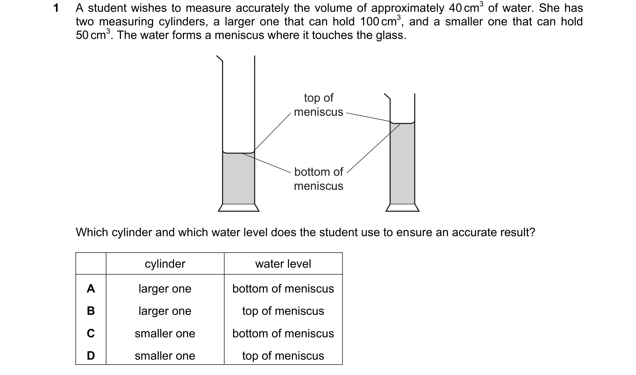 Question 26: A student wishes to measure accurately the volume of approximately 40 cm3 of water. She has two measuring cylinders, a larger one that can …