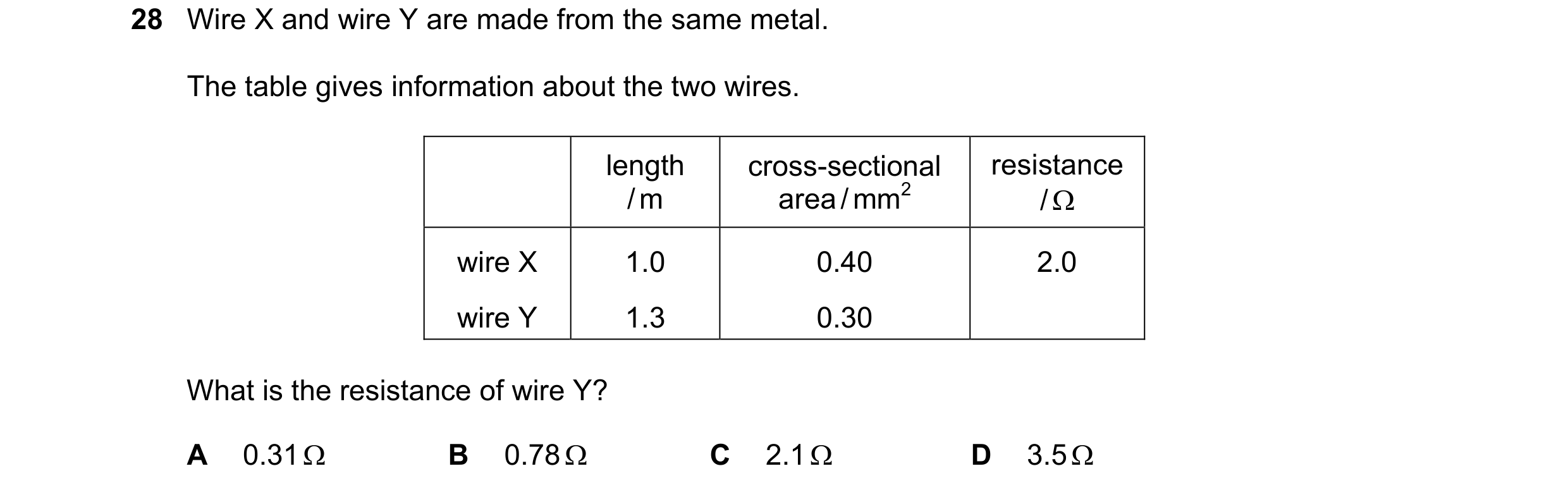Question 61: Wire X and wire Y are made from the same metal. The table gives information about the two wires. length cross-sectional resistance / m area…