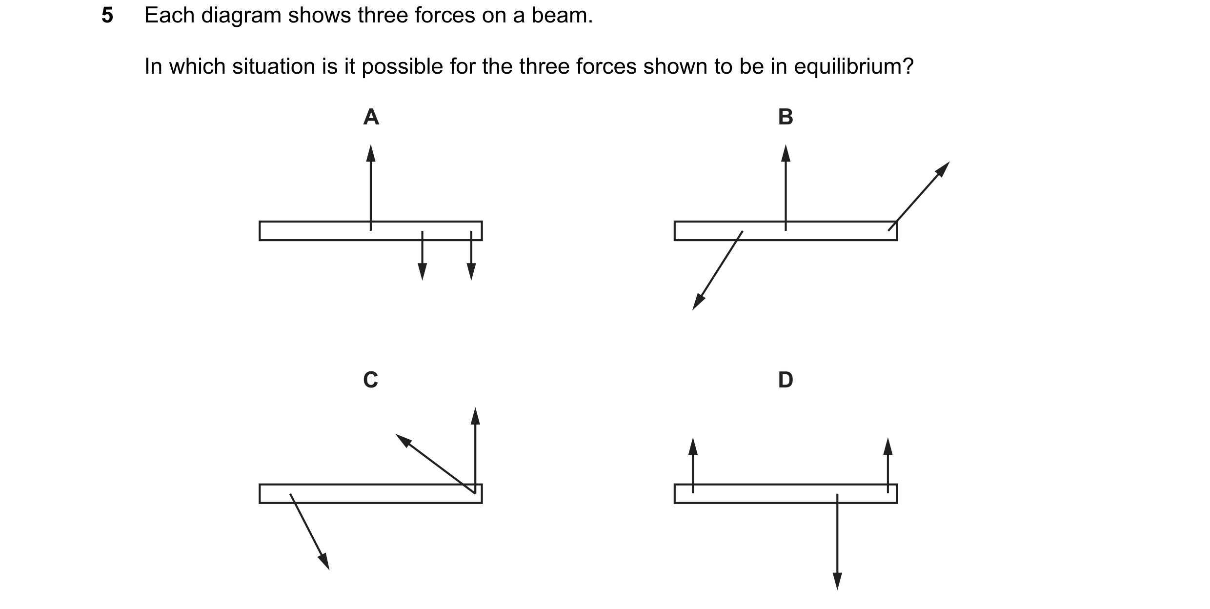 Question 67: Each diagram shows three forces on a beam. In which situation is it possible for the three forces shown to be in equilibrium? A B C D