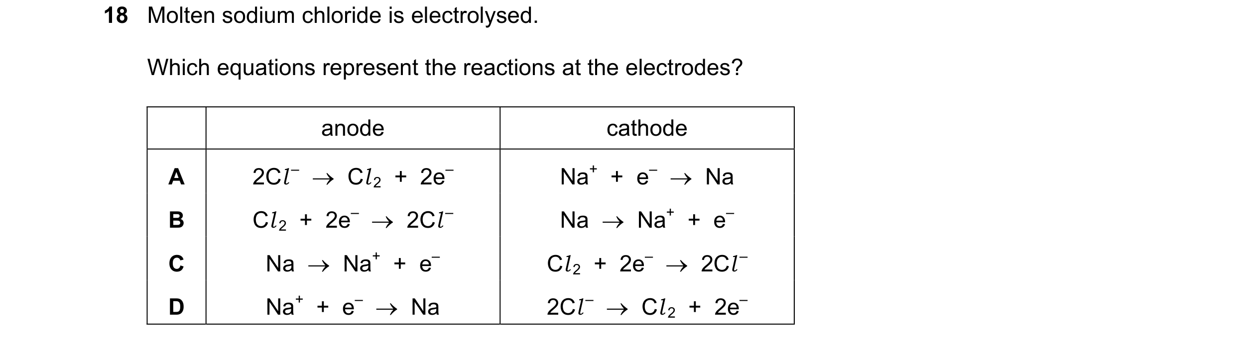 Question 2: Molten sodium chloride is electrolysed. Which equations represent the reactions at the electrodes? anode cathode A 2Cl – → Cl 2 + 2e– N…