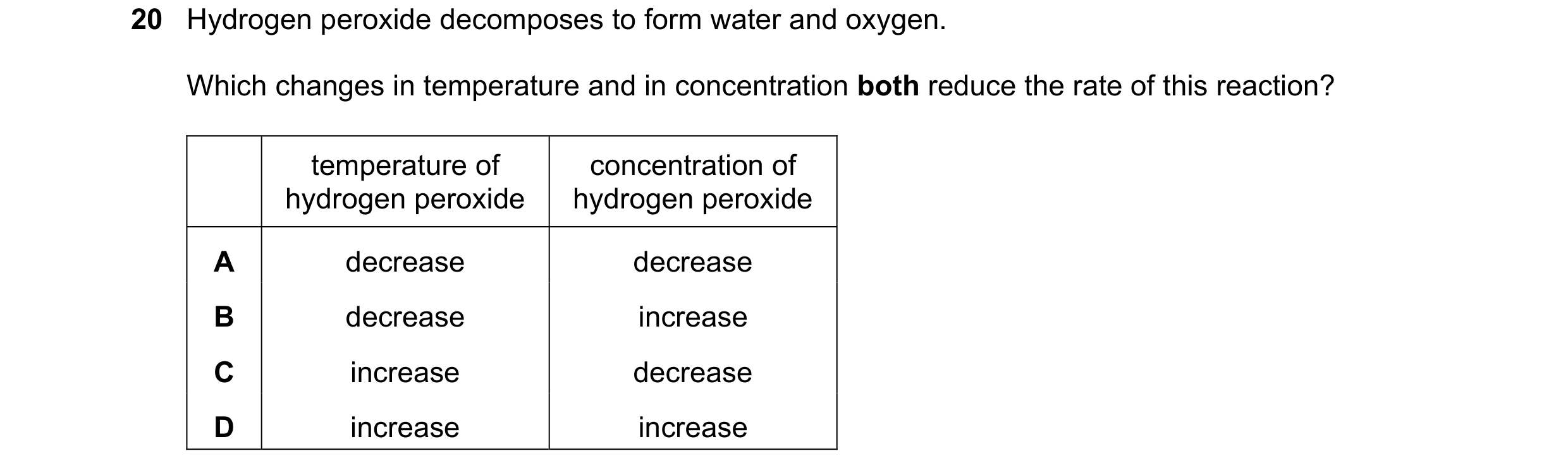 Question 2: Hydrogen peroxide decomposes to form water and oxygen. Which changes in temperature and in concentration both reduce the rate of this react…