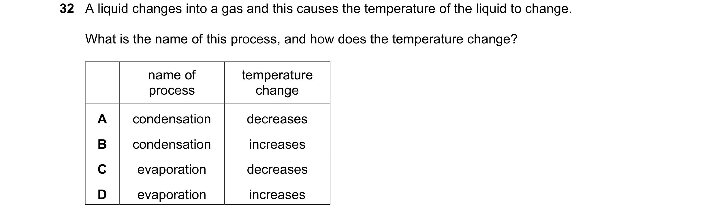 Question 2: A liquid changes into a gas and this causes the temperature of the liquid to change. What is the name of this process, and how does the tem…