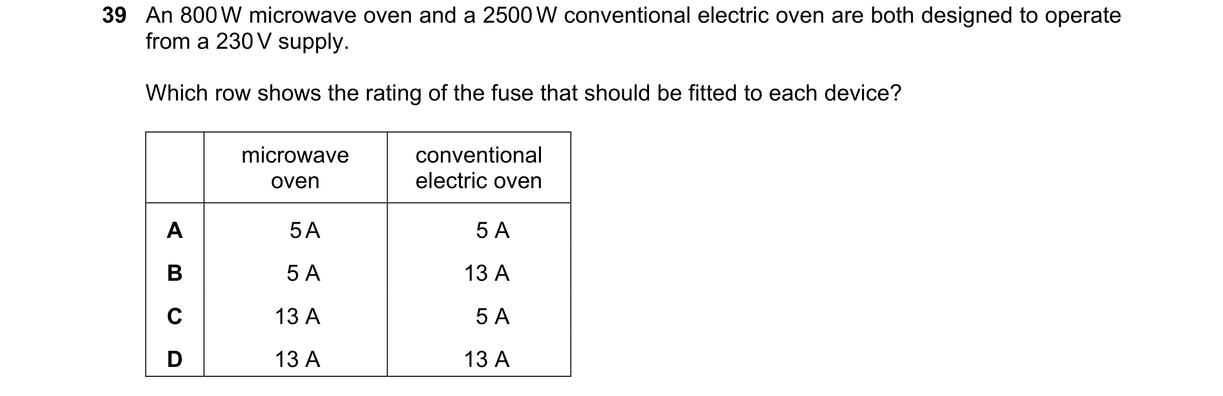 Question 4: An 800 W microwave oven and a 2500 W conventional electric oven are both designed to operate from a 230 V supply. Which row shows the ratin…