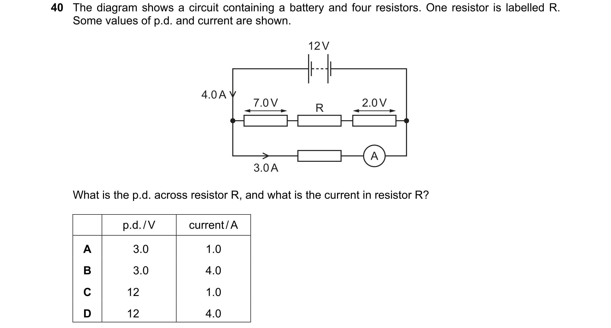 Question 3: The diagram shows a circuit containing a battery and four resistors. One resistor is labelled R. Some values of p.d. and current are shown.…