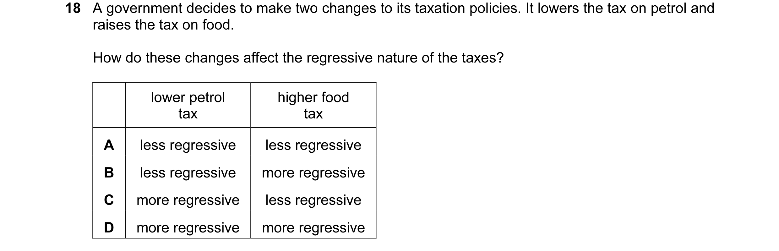 Question 71: A government decides to make two changes to its taxation policies. It lowers the tax on petrol and raises the tax on food. How do these cha…