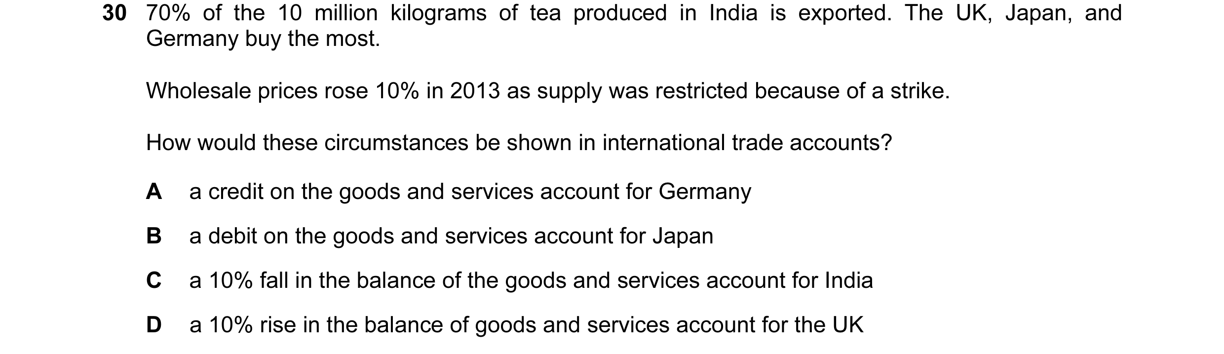 Question 55: 70% of the 10 million kilograms of tea produced in India is exported. The UK, Japan, and Germany buy the most. Wholesale prices rose 10% in…