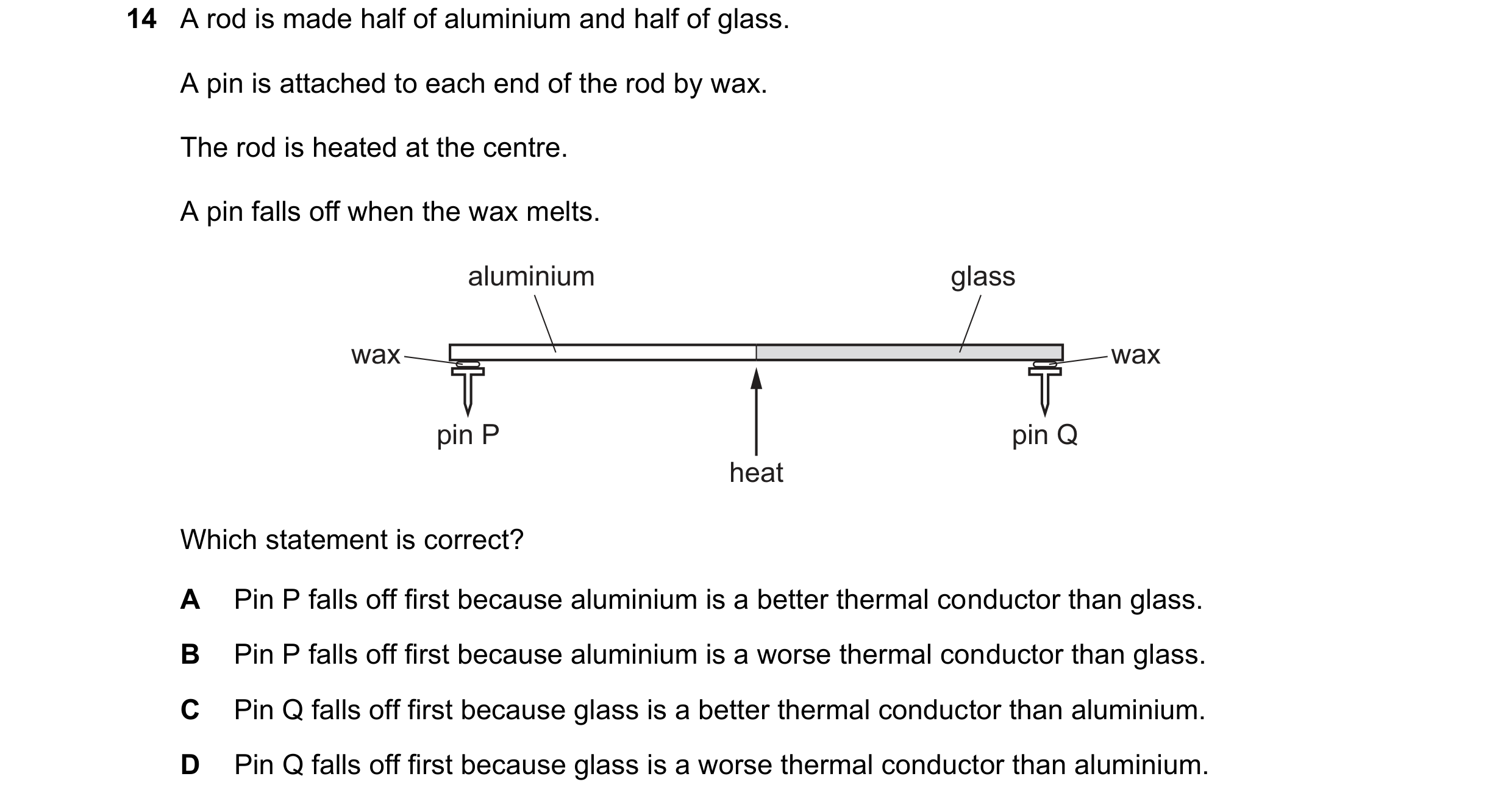 Question 181: A rod is made half of aluminium and half of glass. A pin is attached to each end of the rod by wax. The rod is heated at the centre. A pin …