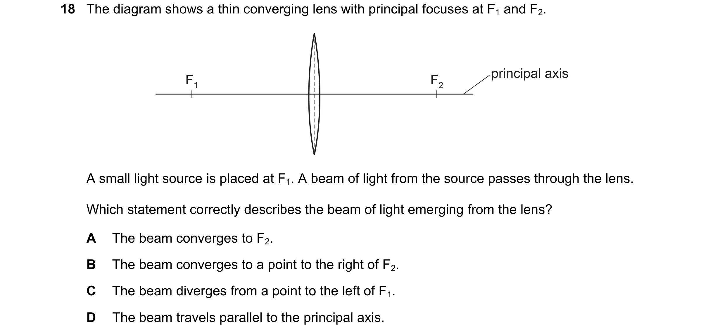 Question 226: The diagram shows a thin converging lens with principal focuses at F1 and F2. principal axis F1 F2 A small light source is placed at F1. A …