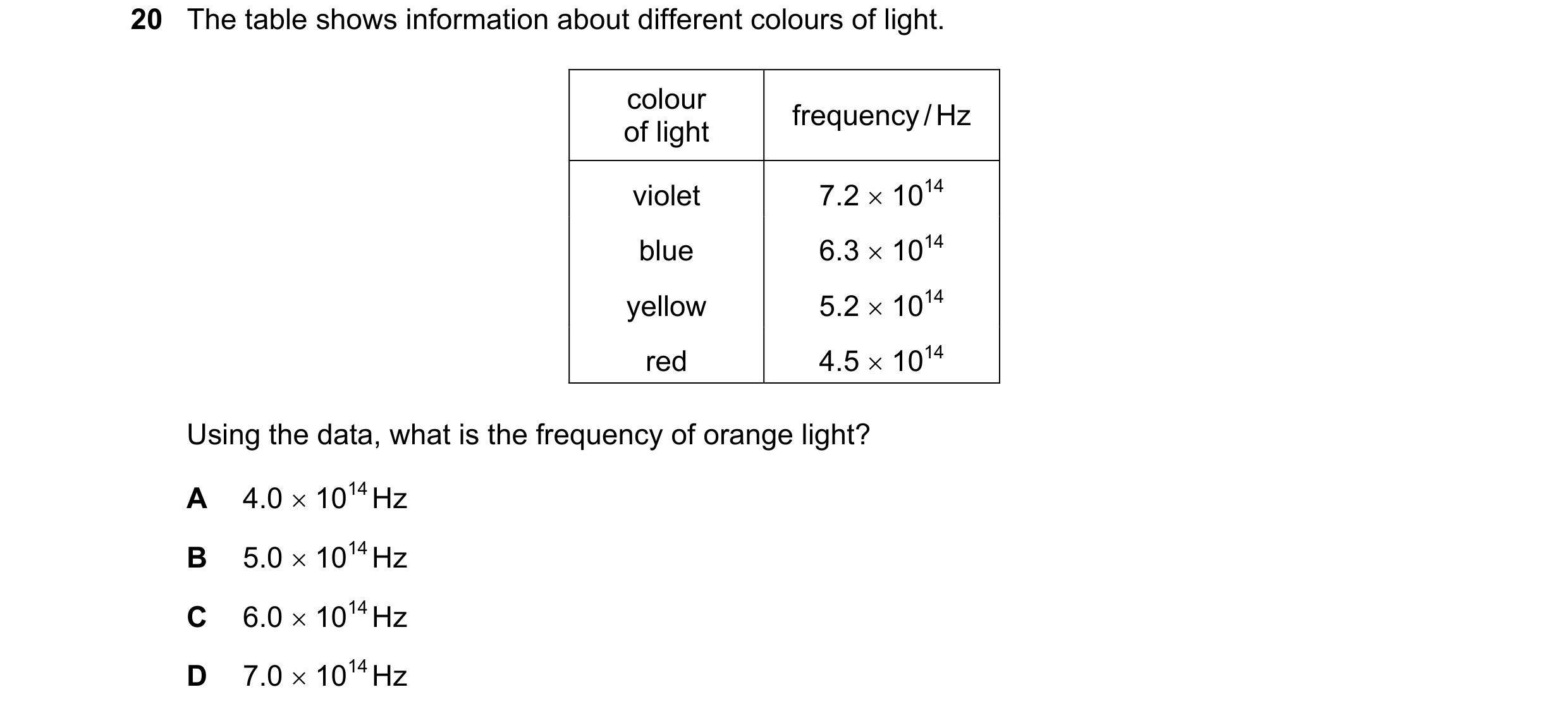 Question 135: The table shows information about different colours of light. colour frequency / Hz of light violet 7.2  1014 blue 6.3  1014 yellow 5.2 …