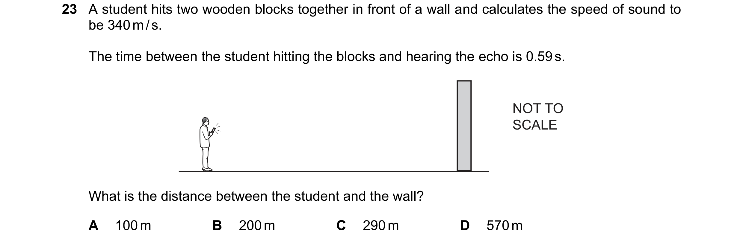 Question 176: A student hits two wooden blocks together in front of a wall and calculates the speed of sound to be 340 m / s. The time between the studen…