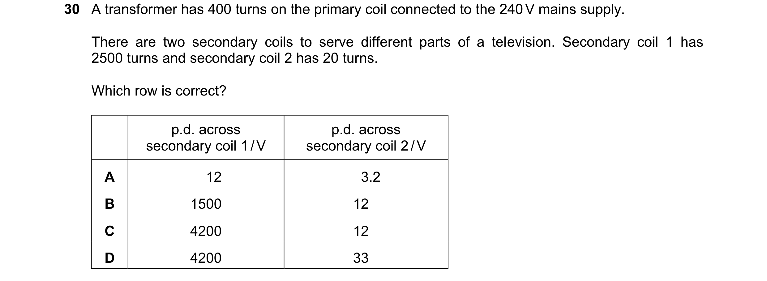 Question 362: A transformer has 400 turns on the primary coil connected to the 240 V mains supply. There are two secondary coils to serve different parts…