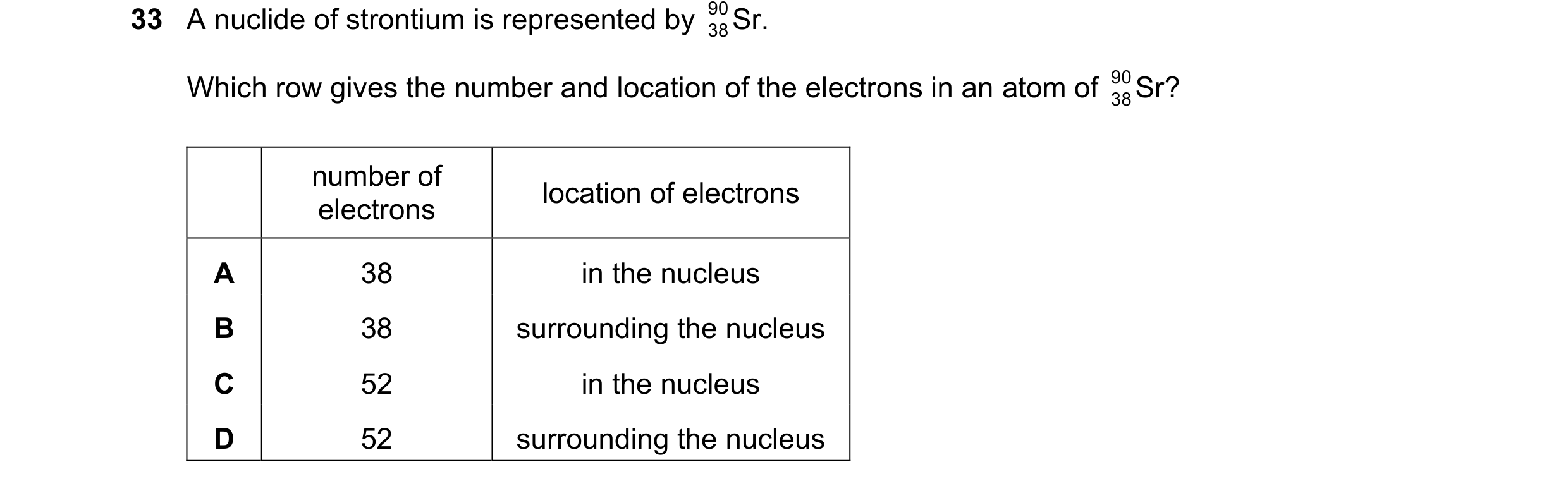 Question 199: A nuclide of strontium is represented by 90 Sr. 38 Which row gives the number and location of the electrons in an atom of 90 Sr? 38 number …