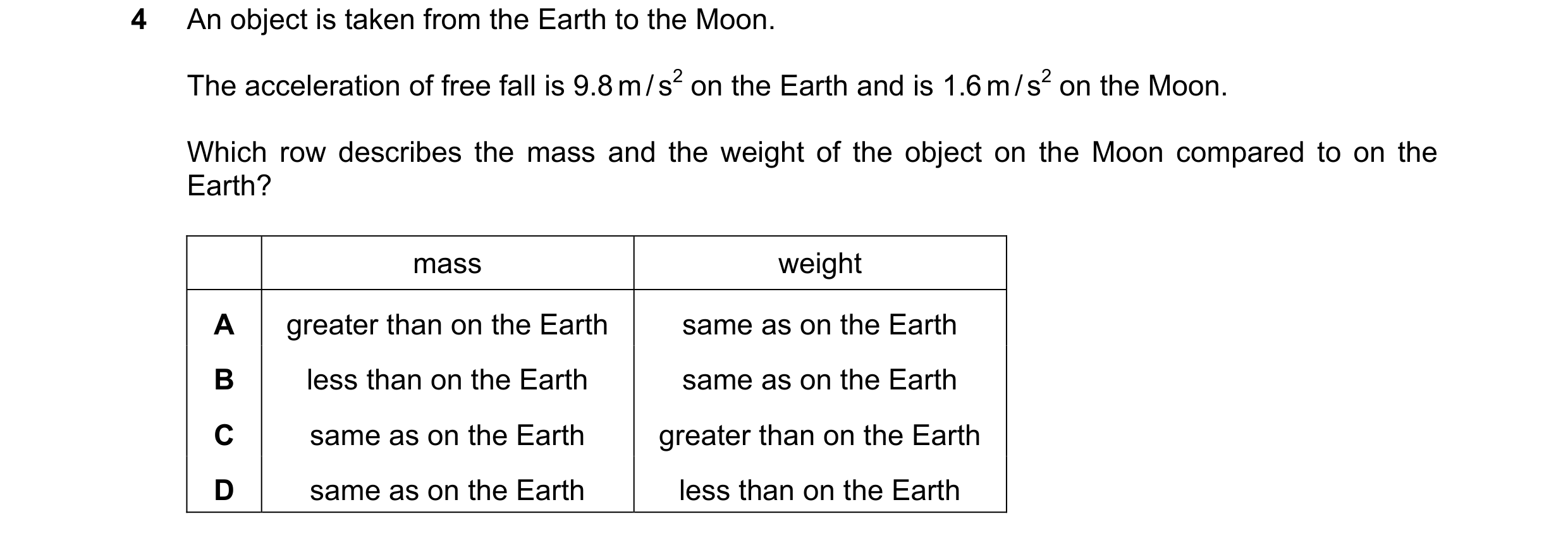 Question 172: An object is taken from the Earth to the Moon. The acceleration of free fall is 9.8 m / s2 on the Earth and is 1.6 m / s2 on the Moon. Whic…
