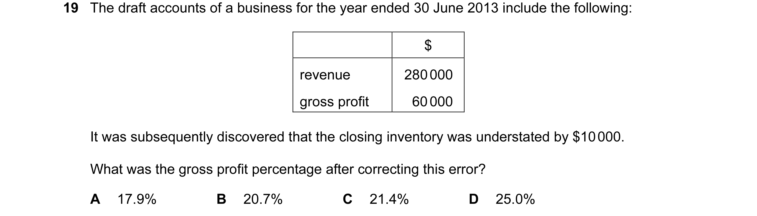 Question 376: The draft accounts of a business for the year ended 30 June 2013 include the following: $ revenue 280 000 gross profit 60 000 It was subseq…