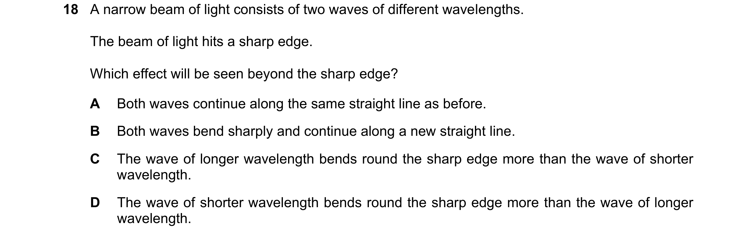 Question 185: A narrow beam of light consists of two waves of different wavelengths. The beam of light hits a sharp edge. Which effect will be seen beyon…
