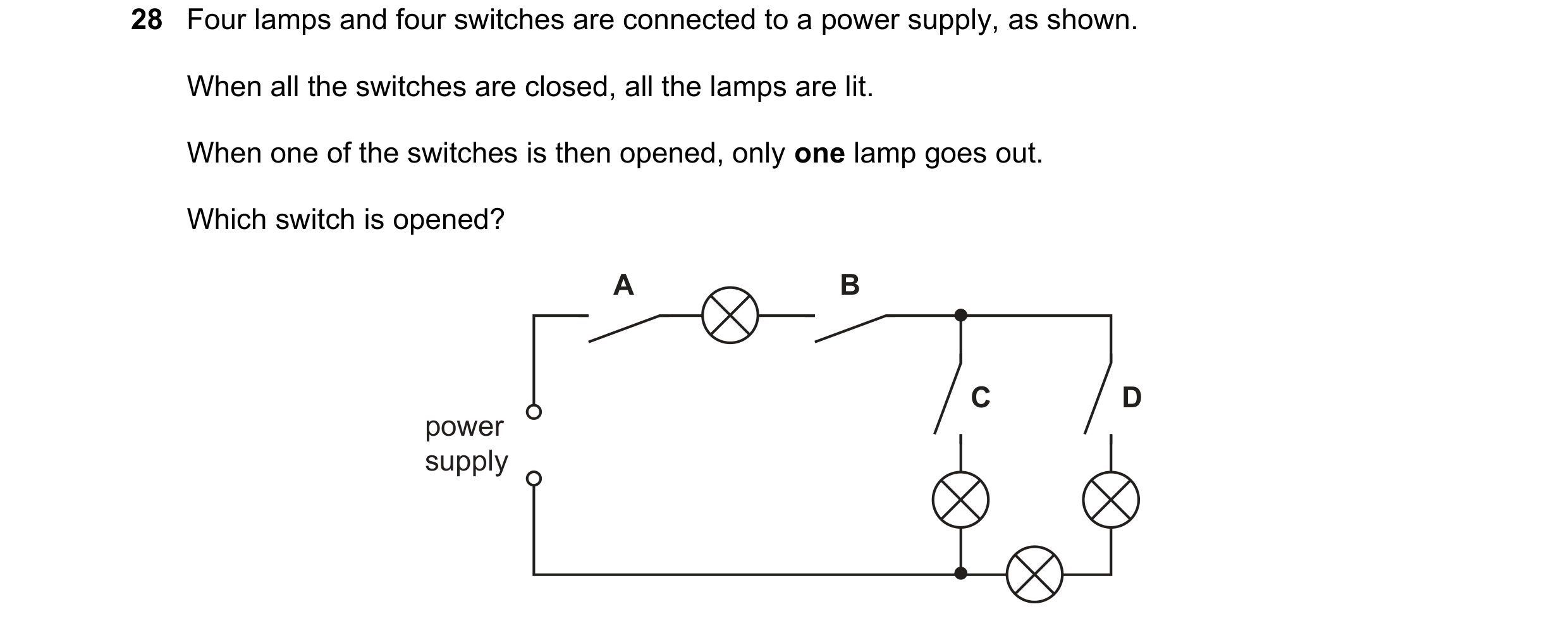 Question 299: Four lamps and four switches are connected to a power supply, as shown. When all the switches are closed, all the lamps are lit. When one o…