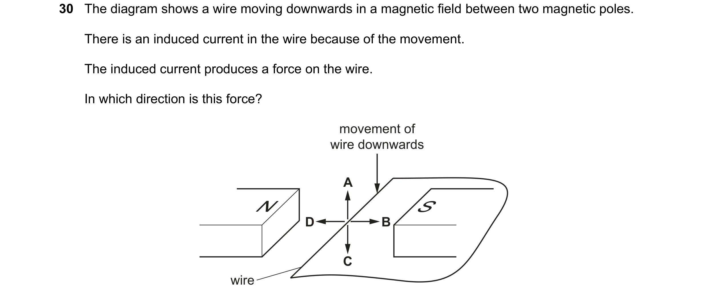 Question 180: The diagram shows a wire moving downwards in a magnetic field between two magnetic poles. There is an induced current in the wire because o…