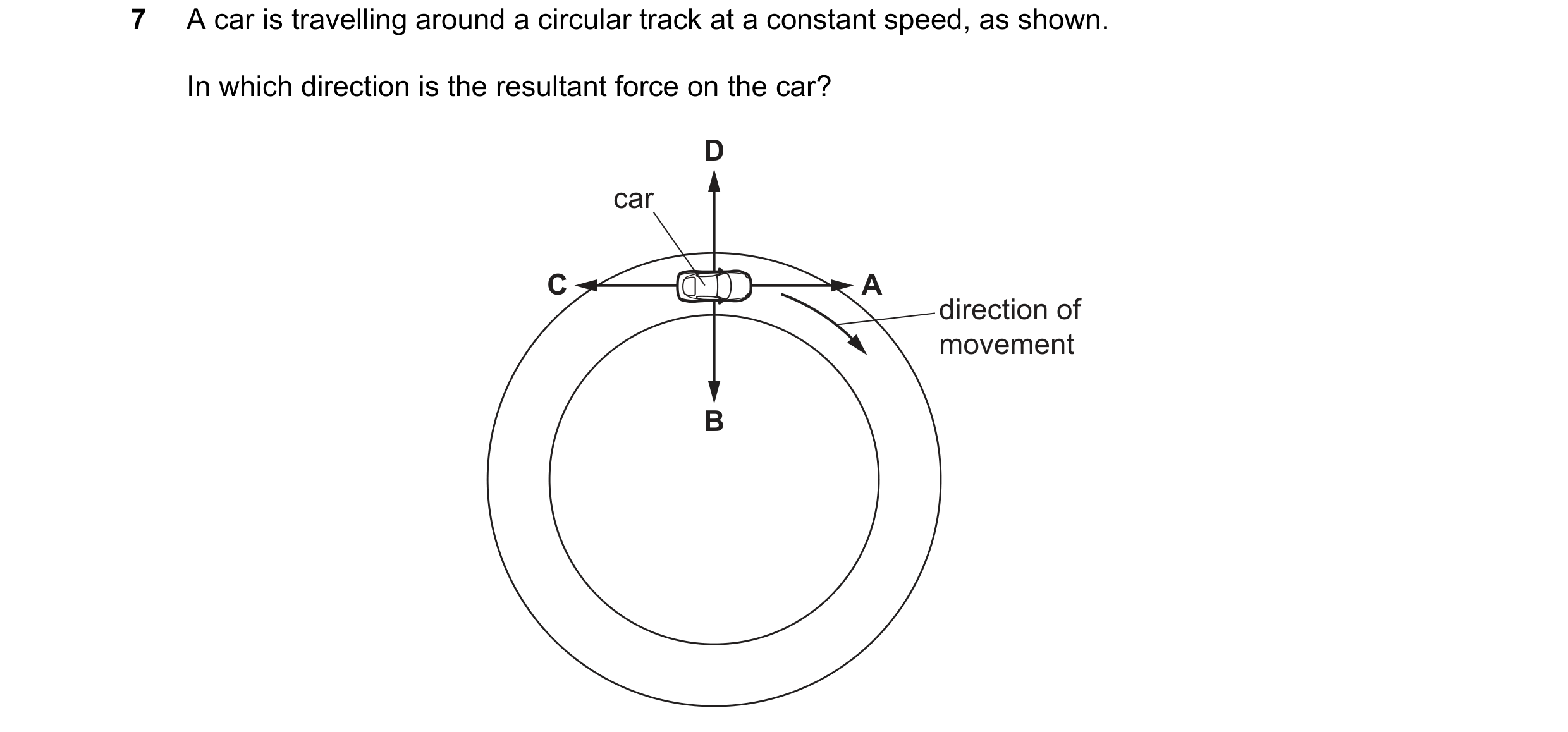 Question 176: A car is travelling around a circular track at a constant speed, as shown. In which direction is the resultant force on the car? D car C A …