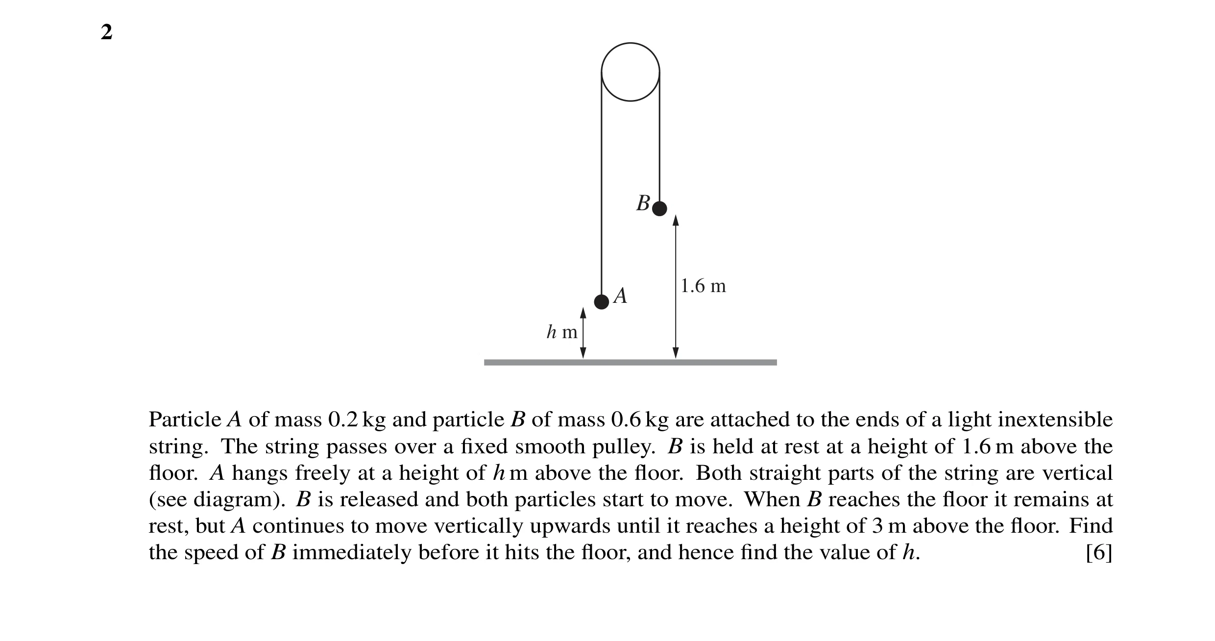Question 57: B 1.6 m A h m Particle A of mass 0.2 kg and particle B of mass 0.6 kg are attached to the ends of a light inextensible string. The string p…