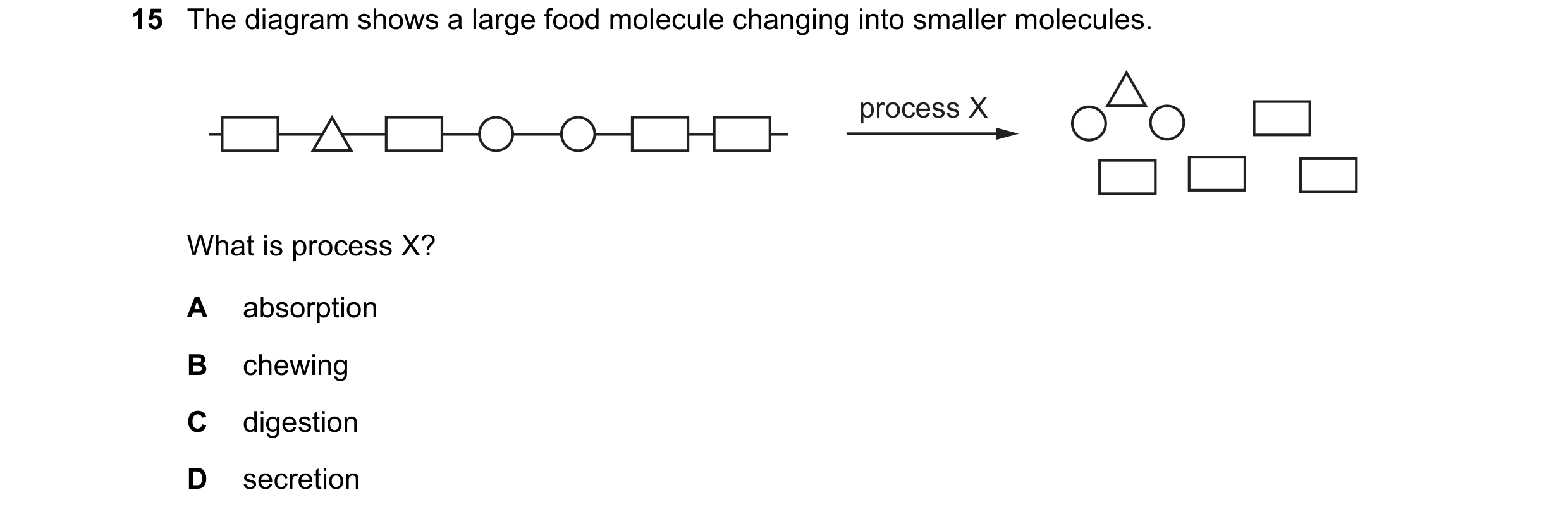 Question 15: The diagram shows a large food molecule changing into smaller molecules. process X What is process X? A absorption B chewing C digestion D …