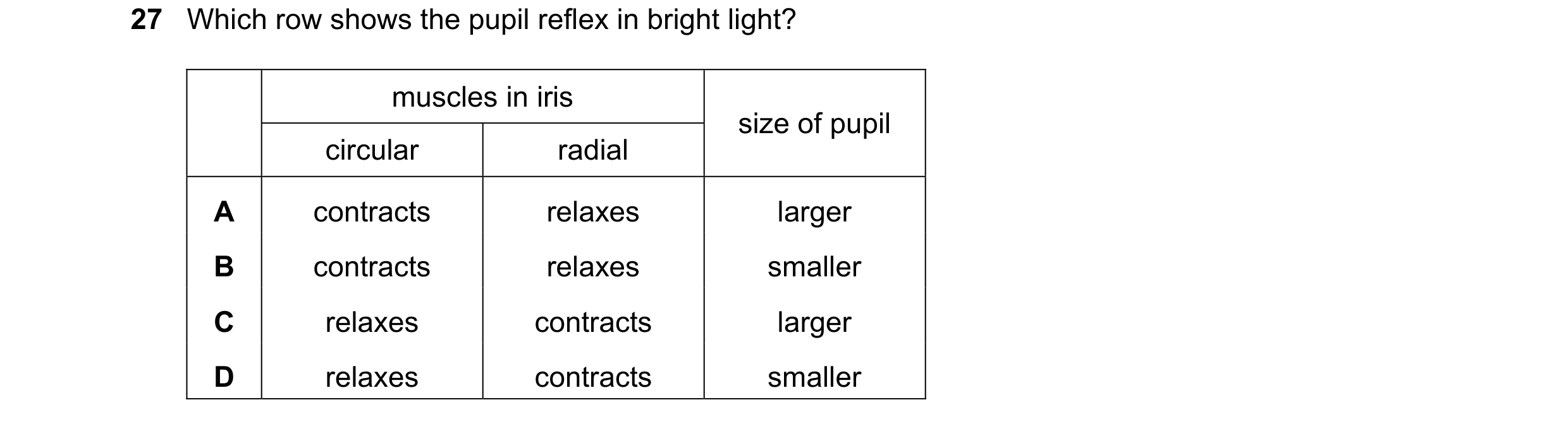 Question 16: Which row shows the pupil reflex in bright light? muscles in iris size of pupil circular radial A contracts relaxes larger B contracts rela…