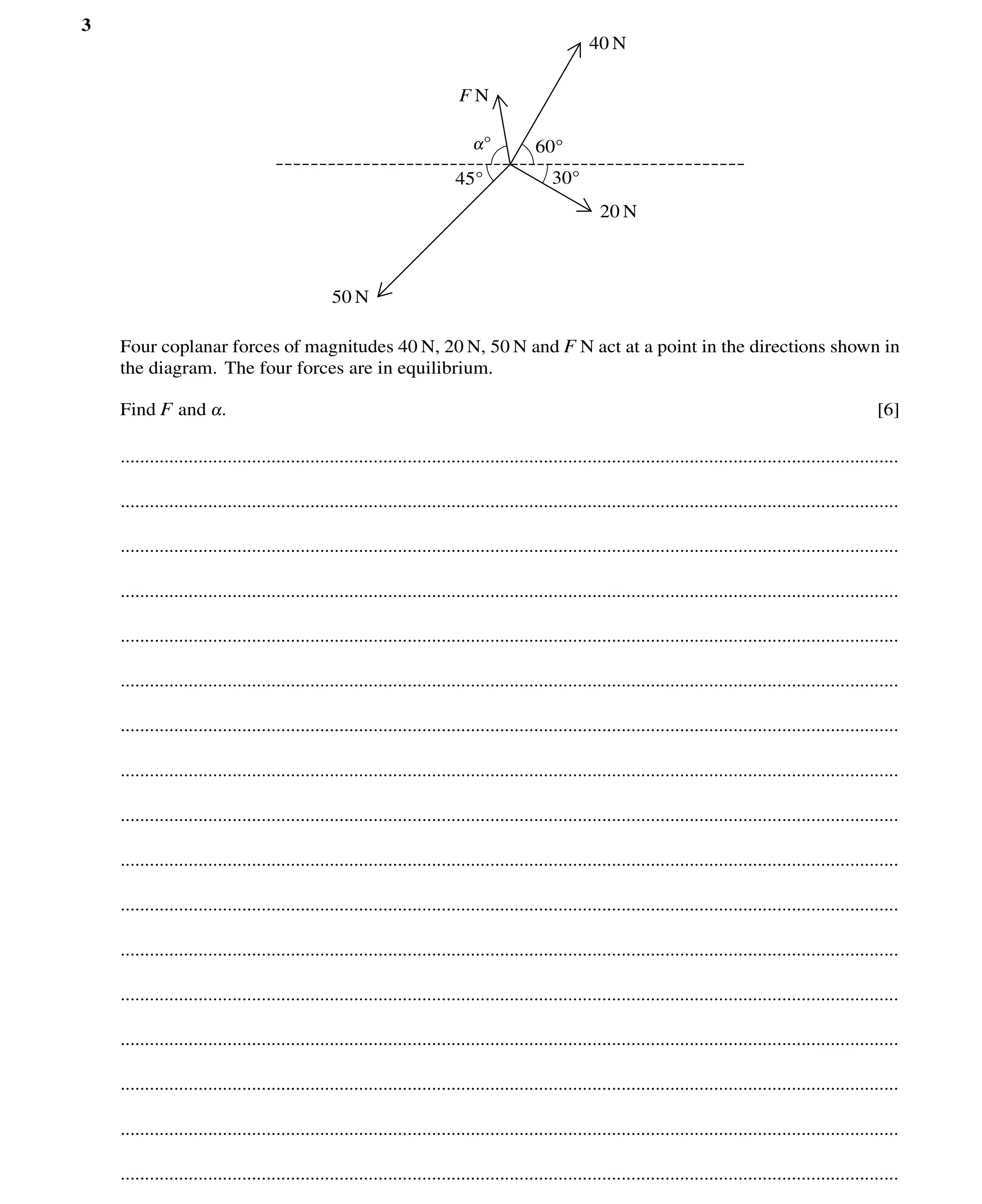 Question 143: 40 N F N !Å 60Å 45Å 30Å 20 N 50 N Four coplanar forces of magnitudes 40 N, 20 N, 50 N and F N act at a point in the directions shown in the…