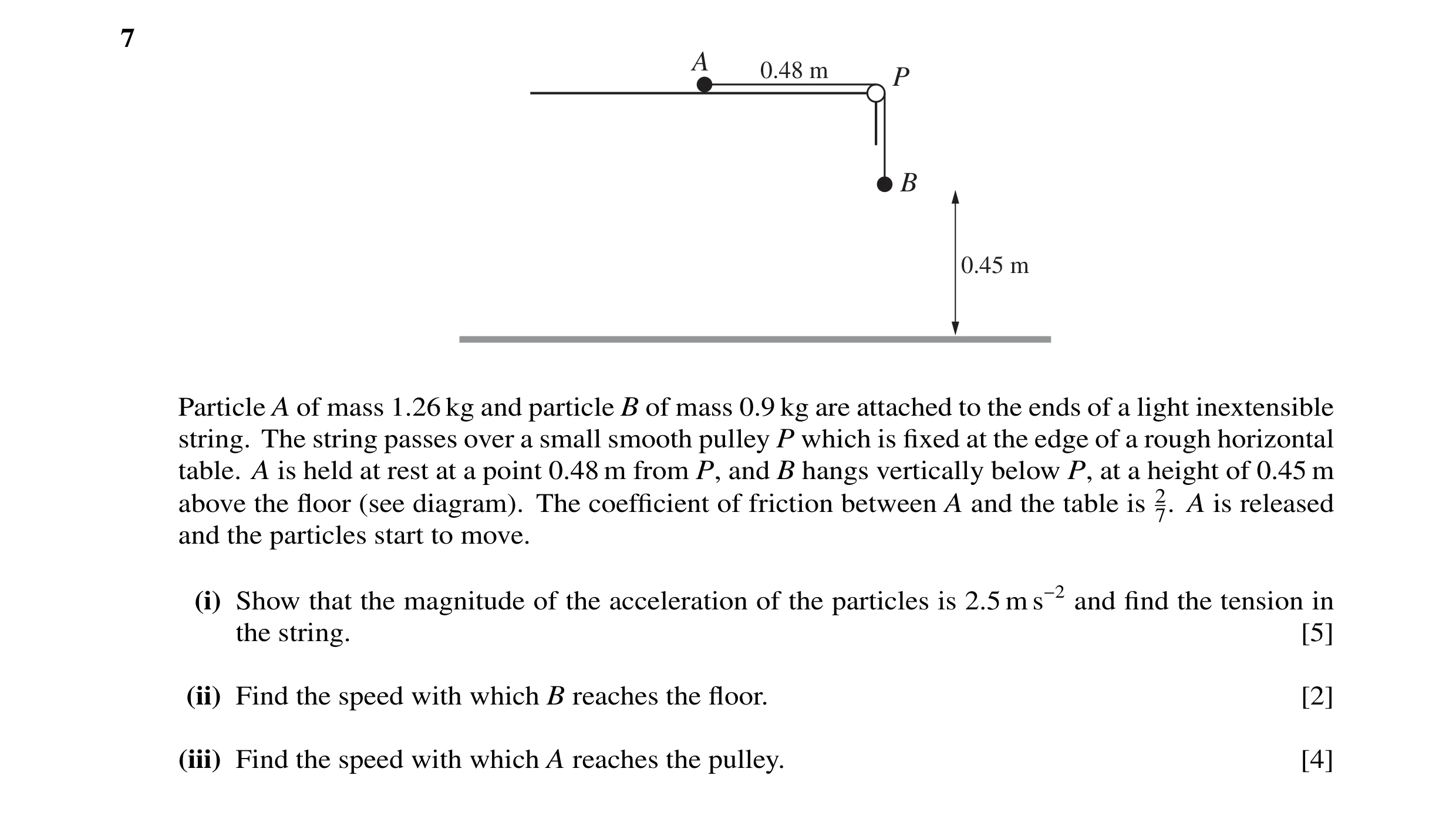 Question 19: A 0.48 m P B 0.45 m Particle A of mass 1.26 kg and particle B of mass 0.9 kg are attached to the ends of a light inextensible string. The s…