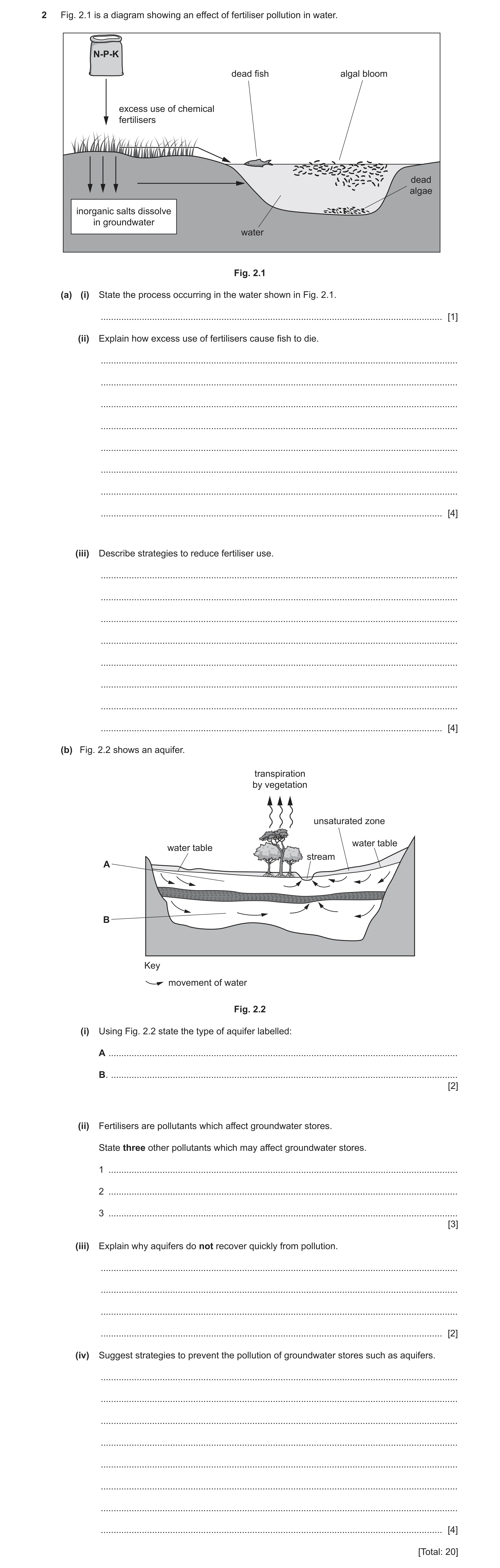 Question 43: Fig. 2.1 is a diagram showing an effect of fertiliser pollution in water. N-P-K dead fish algal bloom excess use of chemical fertilisers de…