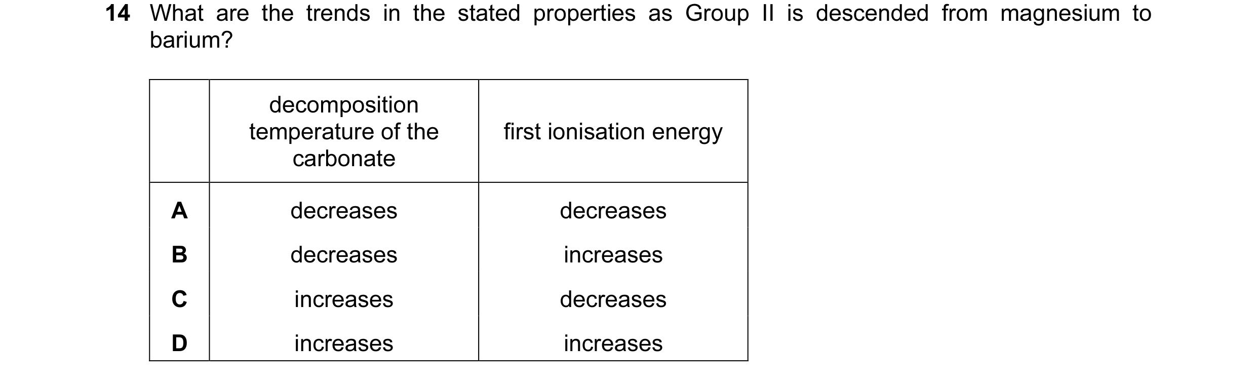 Question 61: What are the trends in the stated properties as Group II is descended from magnesium to barium? decomposition temperature of the first ioni…