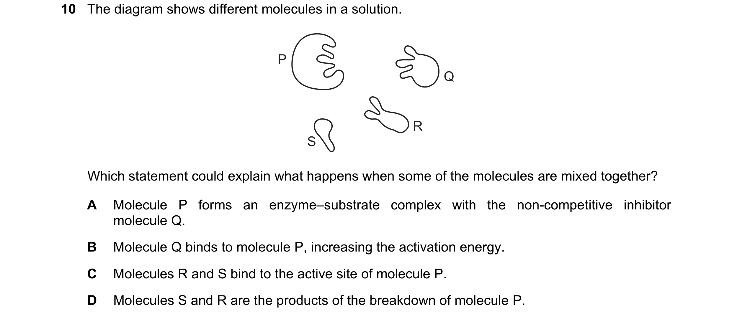 Question 158: The diagram shows different molecules in a solution. P Q R S Which statement could explain what happens when some of the molecules are mixe…