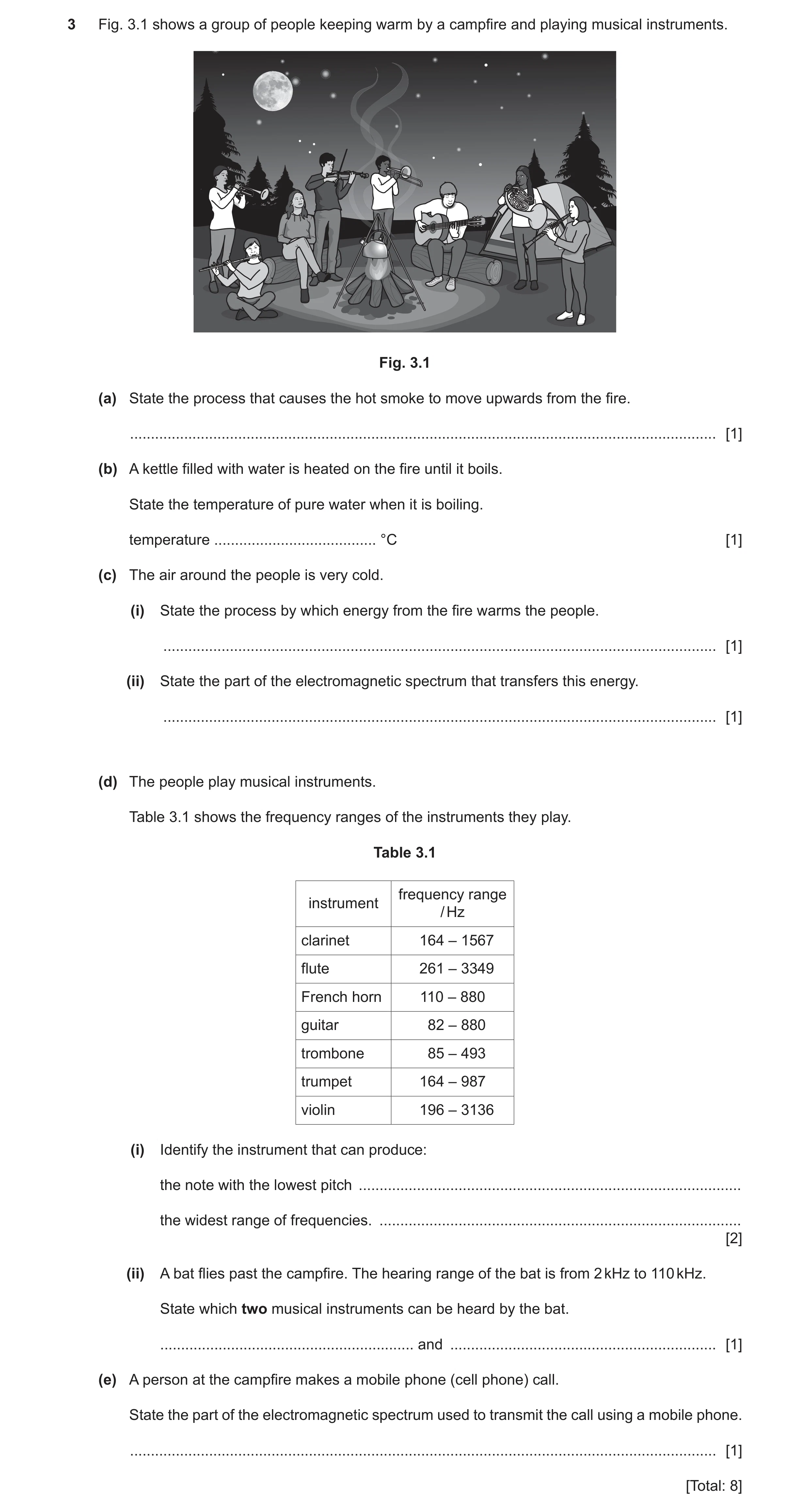 Question 13: Fig. 3.1 shows a group of people keeping warm by a campfire and playing musical instruments. Fig. 3.1 (a) State the process that causes the…