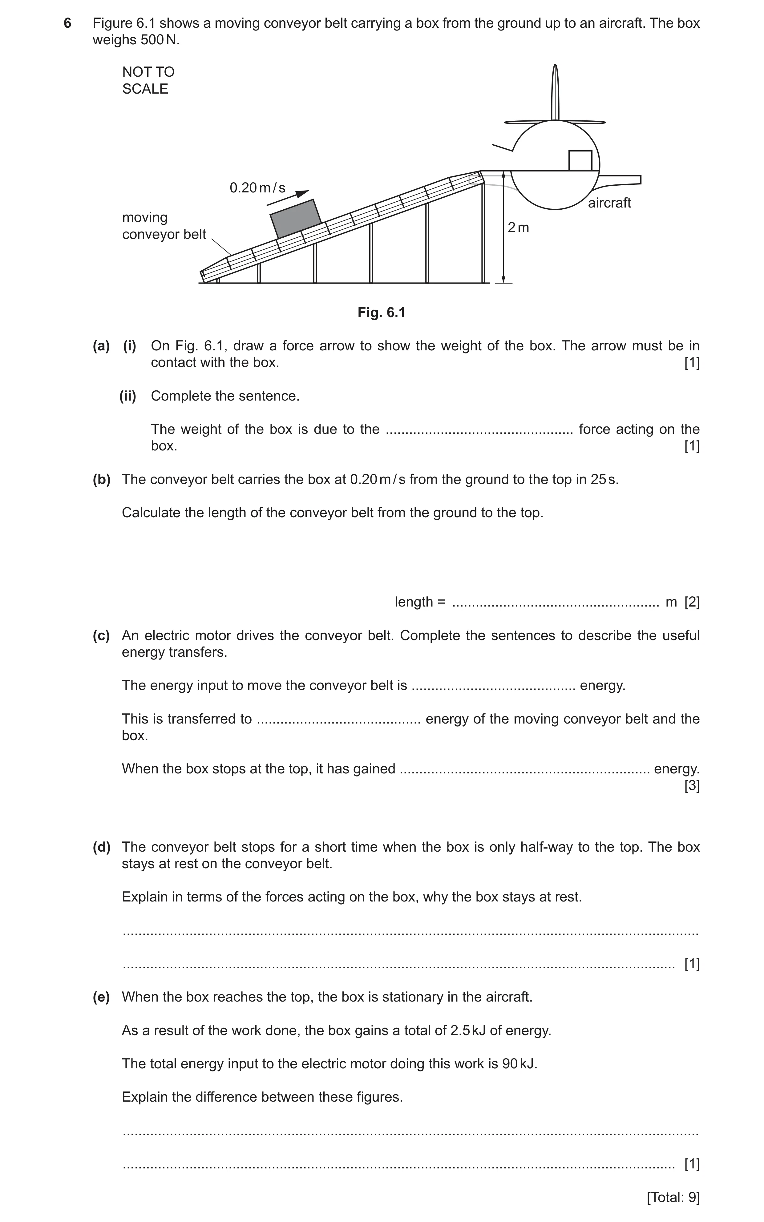 Question 10: Figure 6.1 shows a moving conveyor belt carrying a box from the ground up to an aircraft. The box weighs 500 N. NOT TO SCALE 0.20 m / s air…