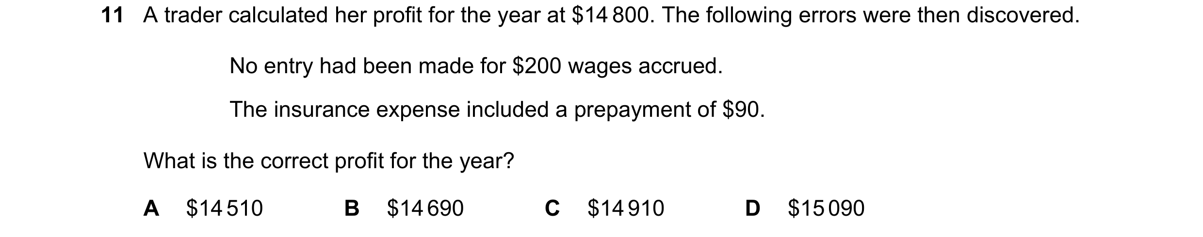 Question 26: A trader calculated her profit for the year at $14 800. The following errors were then discovered. No entry had been made for $200 wages ac…