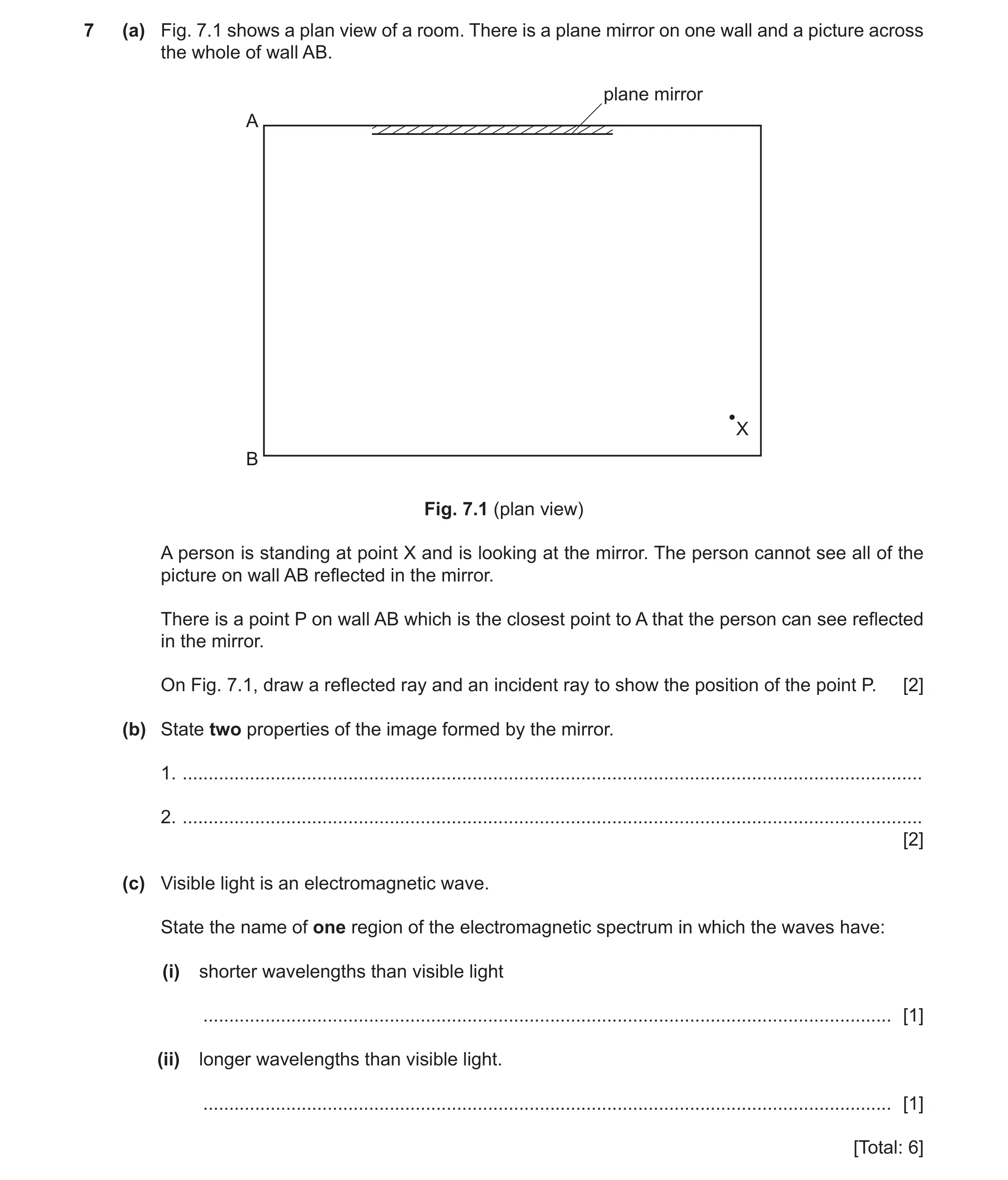 Question 9: (a) Fig. 7.1 shows a plan view of a room. There is a plane mirror on one wall and a picture across the whole of wall AB. plane mirror A X B…