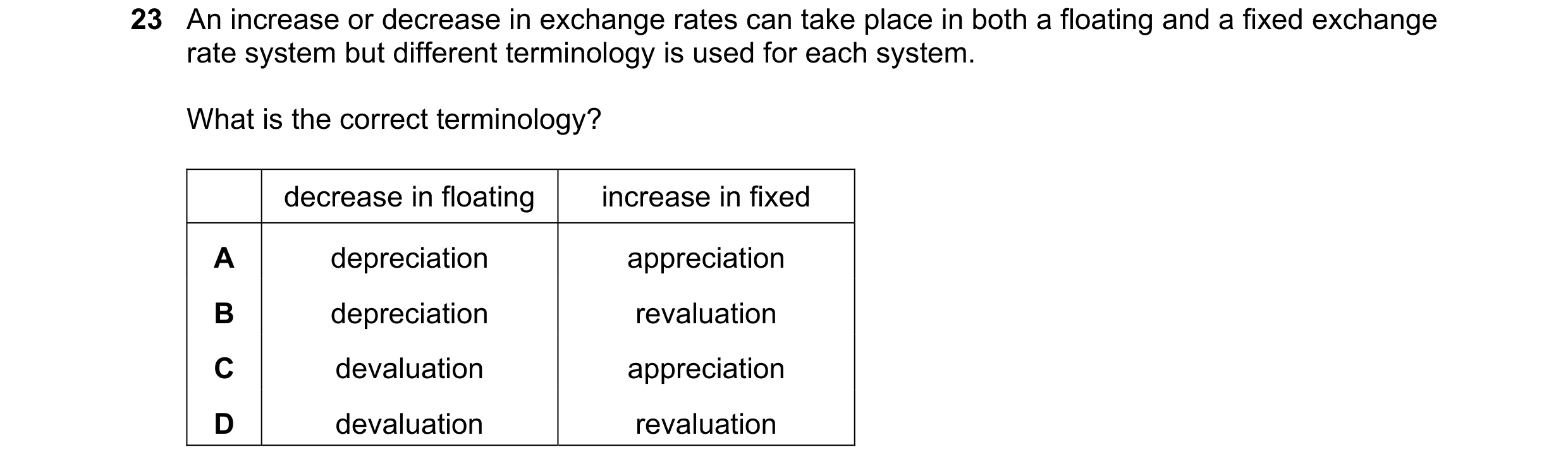Question 141: An increase or decrease in exchange rates can take place in both a floating and a fixed exchange rate system but different terminology is u…