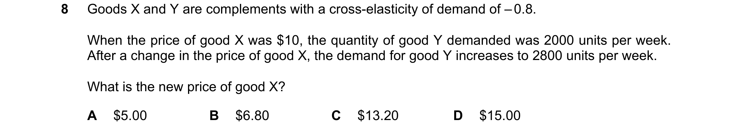 Question 143: Goods X and Y are complements with a cross-elasticity of demand of – 0.8. When the price of good X was $10, the quantity of good Y demanded…