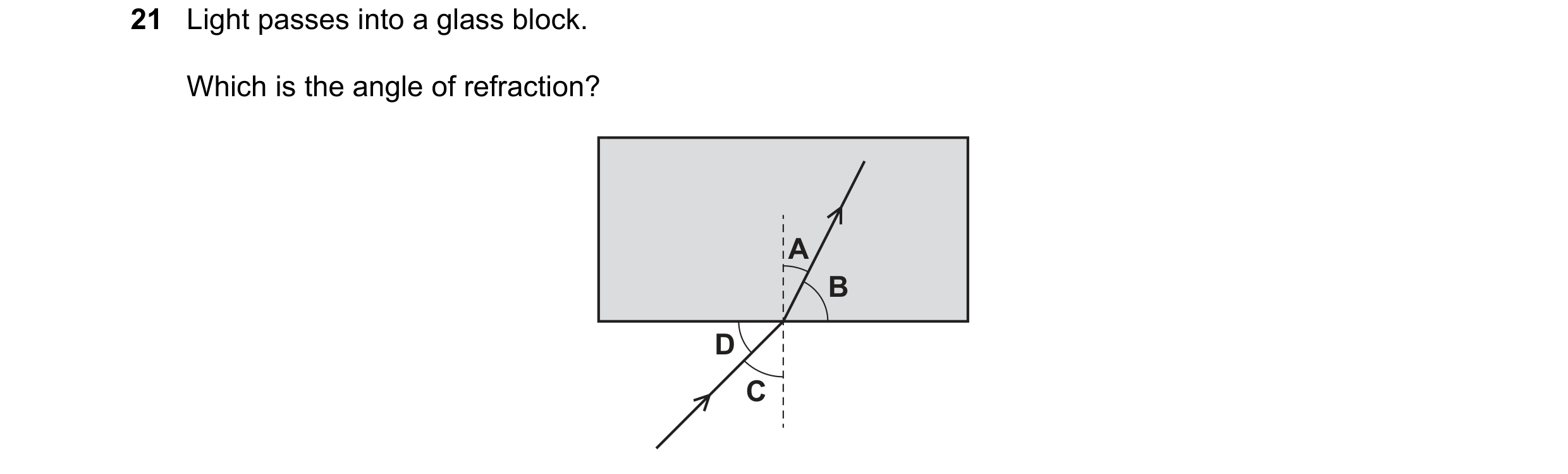 Question 111: Light passes into a glass block. Which is the angle of refraction? A B D C