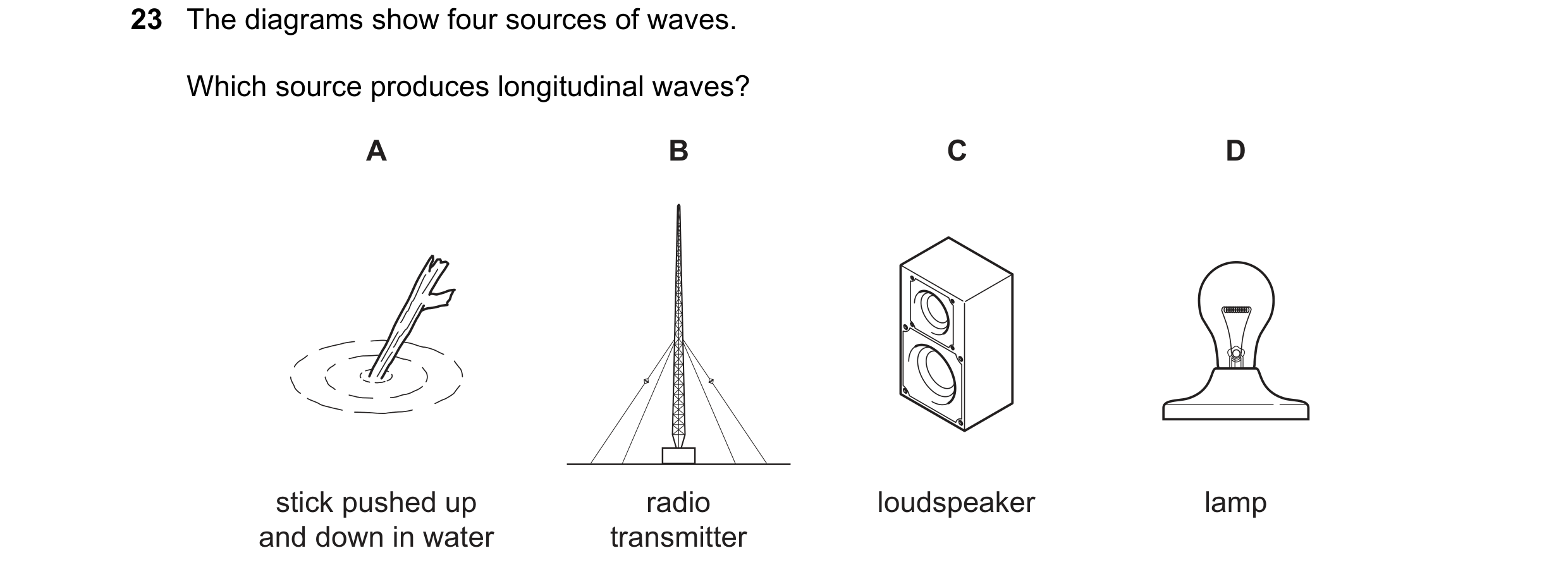 Question 139: The diagrams show four sources of waves. Which source produces longitudinal waves? A B C D stick pushed up radio loudspeaker lamp and down …